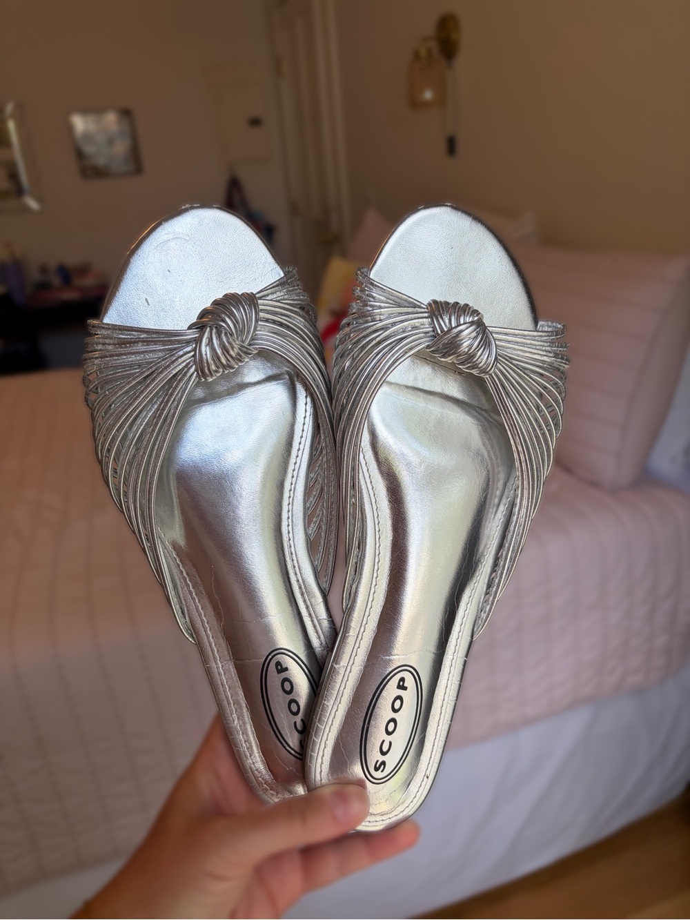 Scoop Metallic Silver Knotted Slide Mules